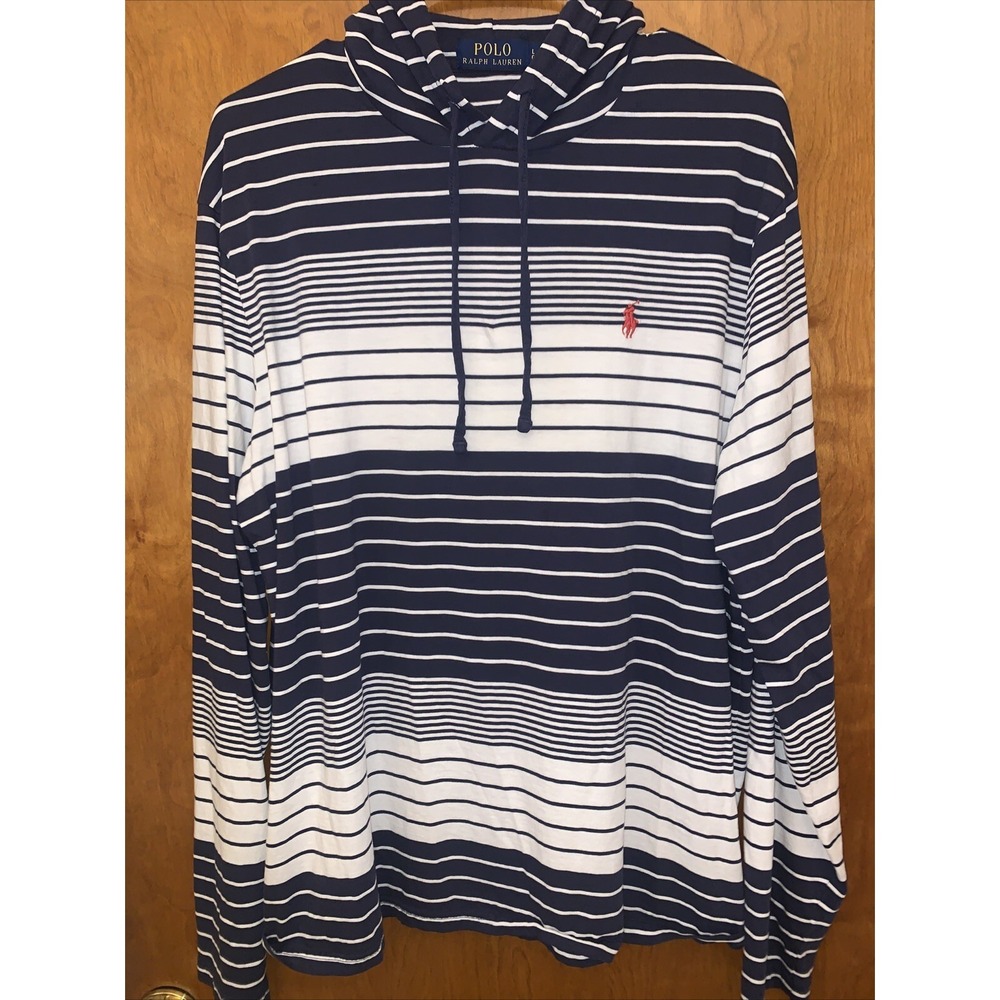 VTG Polo Ralph Lauren Hoodie Sweatshirt Pullover Striped Cream Navy Large